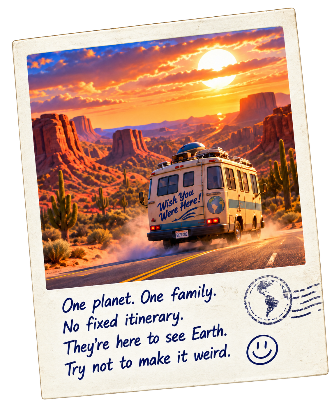 A postcard of the Beingz RV at sunset with the message: One planet. One family. No fixed itinerary. They're here to see Earth. Try not to make it weird.