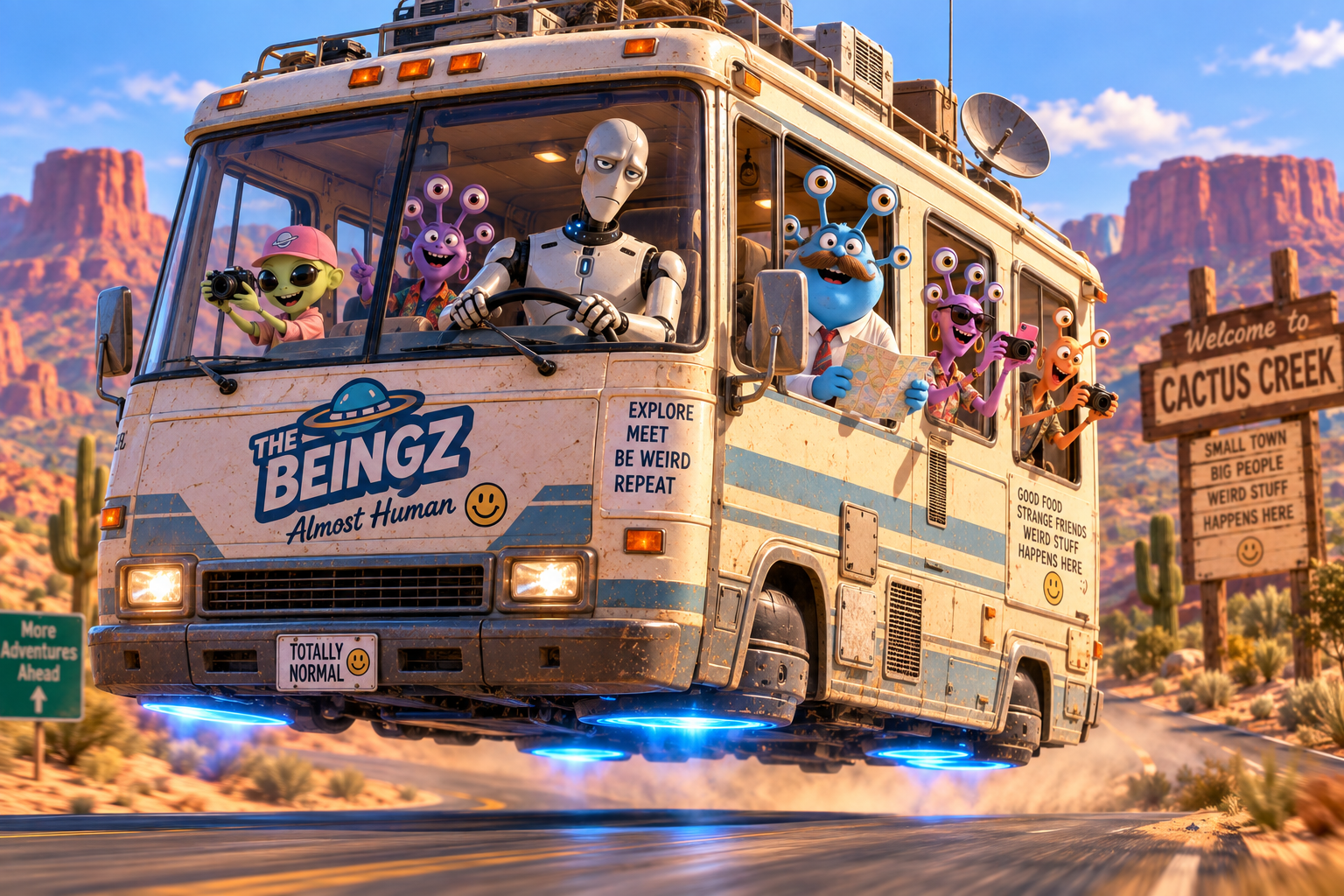 The Beingz RV flying along a desert road