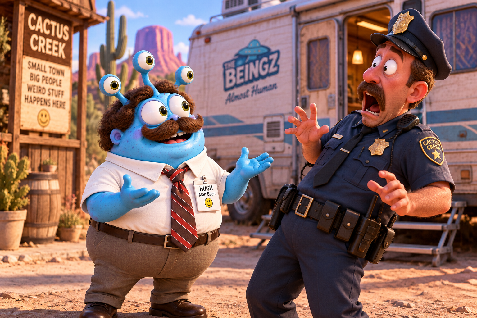 Hugh talking to a startled policeman